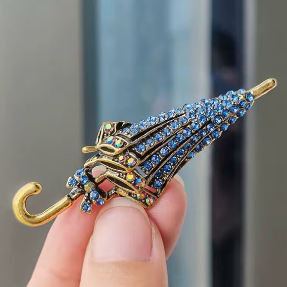 Jewelry - Chic Gold and Blue Rhinestone Umbrella Pin